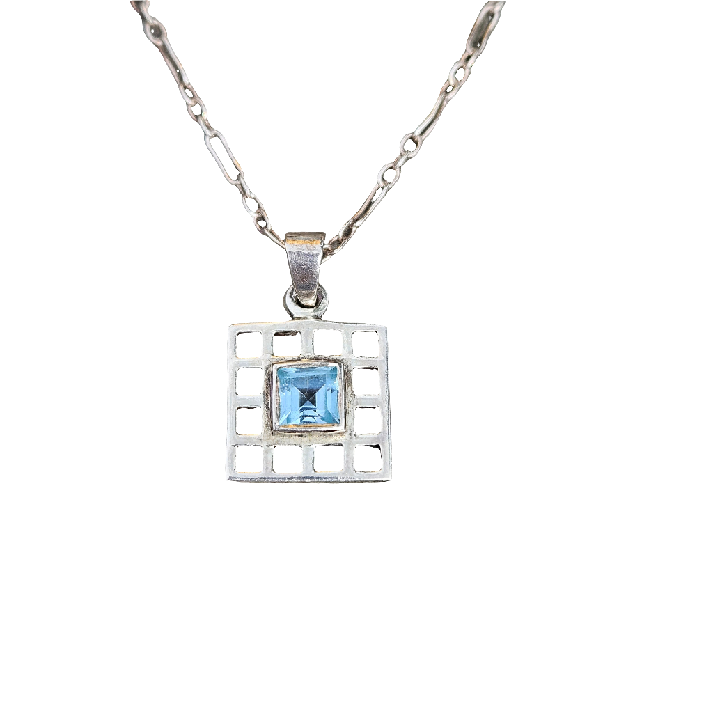Sterling Silver Geometric Square Blue Gemstone Pendant Necklace