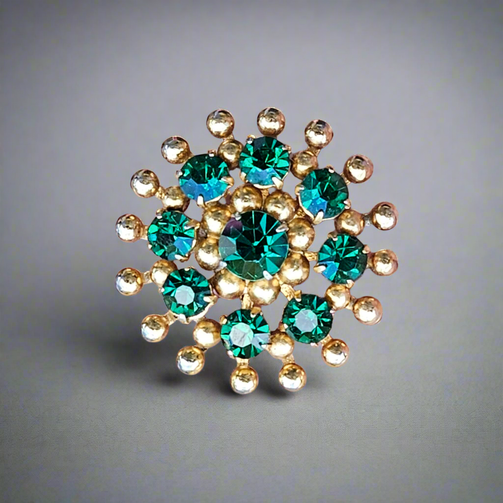 Emerald Green Rhinestone Brooch 1950s Glam Gold Tone Vintage