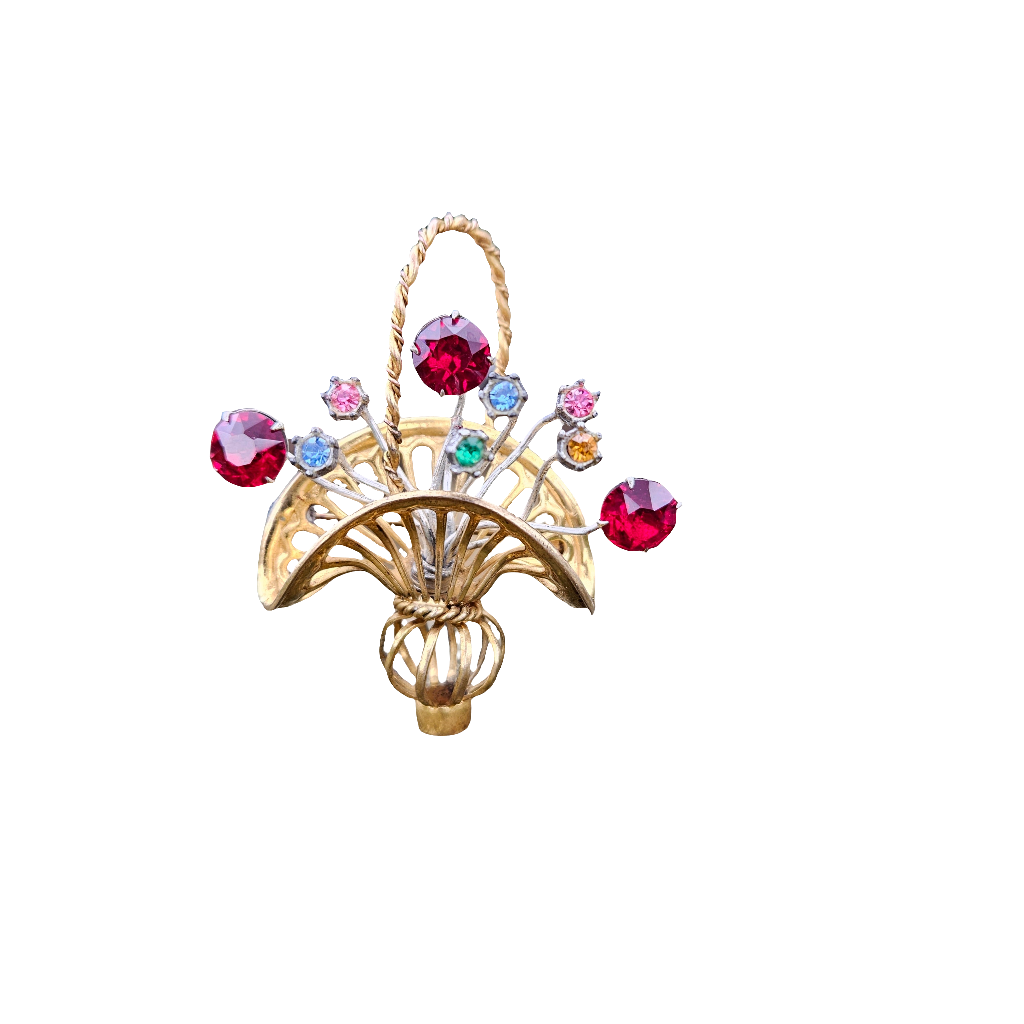 Crystal Flower Bouquet Basket Brooch Pin Gold Vintage Jewellery 50s 60s