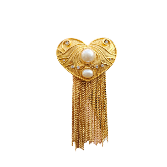 Large Heart Brooch Pearl Crystal Tassels 80s Designer Jewelry