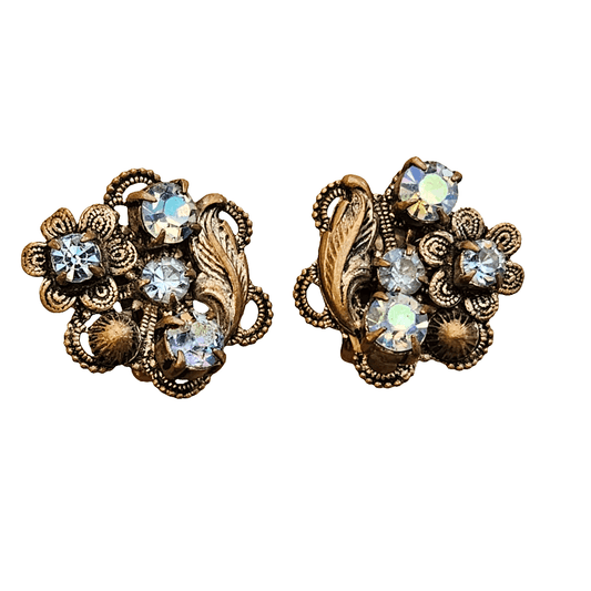 Clip On Earrings Bronze Gold Rhinestone Aurora Borealis Rhinestone Jewellery