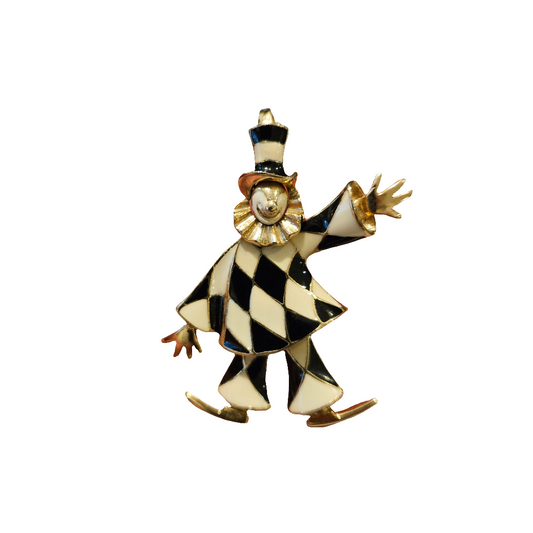 Articulated Clown Brooch Black And White Enamel Gold Pin