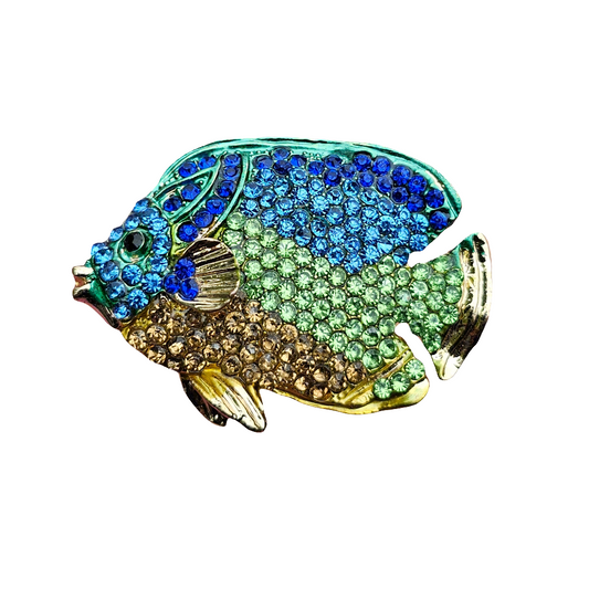 Tropical Fish Brooch Gold Diamante Vintage Jewellery Crystal