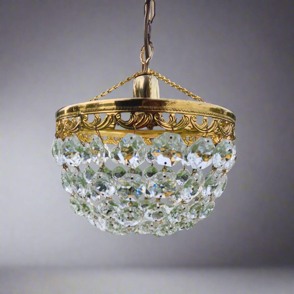 Crystal Chandelier Gold Vintage Ceiling Lighting 20th Century 20cm