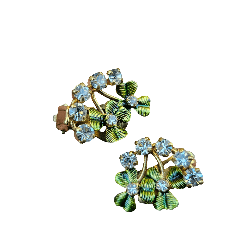 Rhinestone Green Gold Enamel Lucky Clover Clip On Earrings Vintage Jewellery