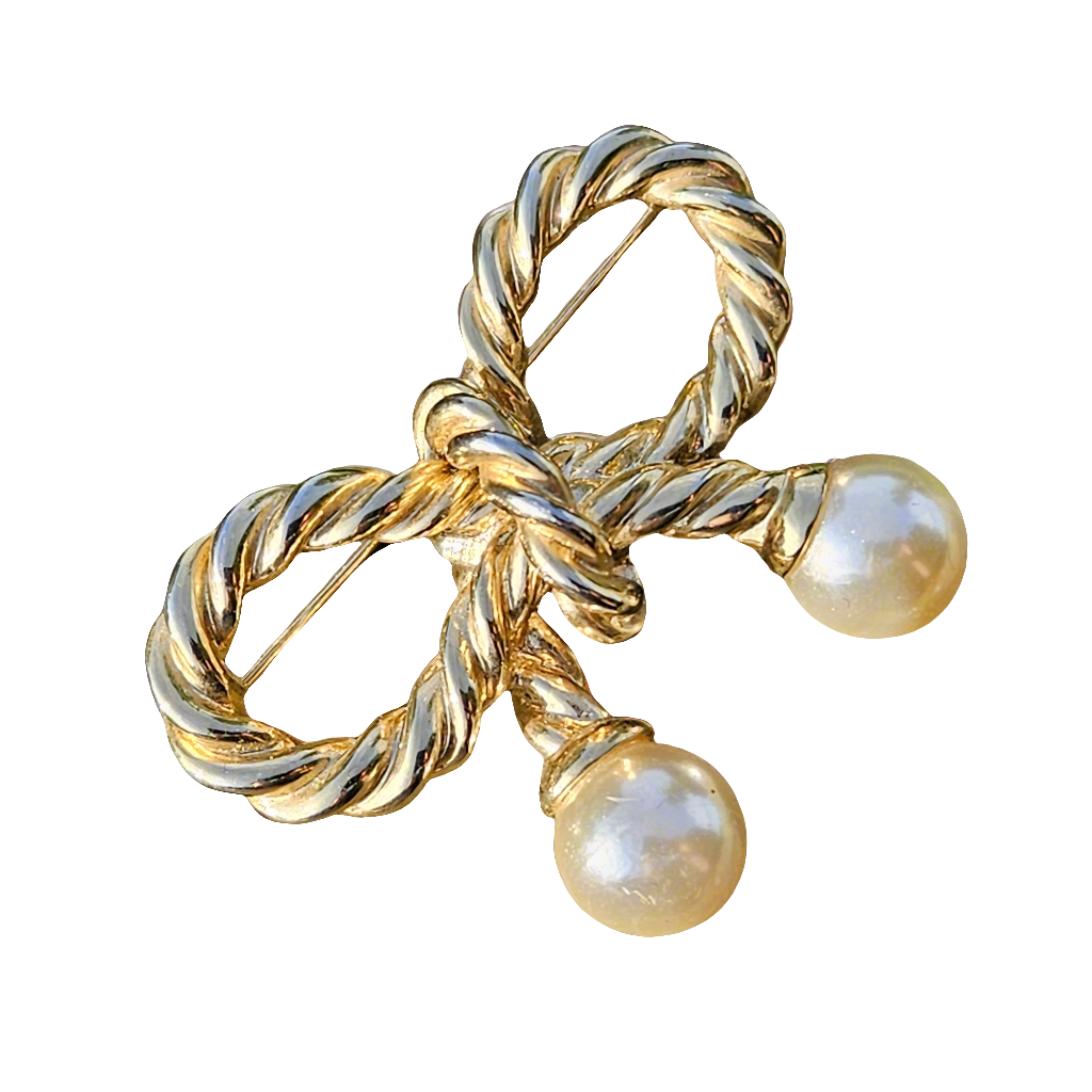 Bow Shape Gold Tone Vintage Pearl Brooch Designer Jewellery