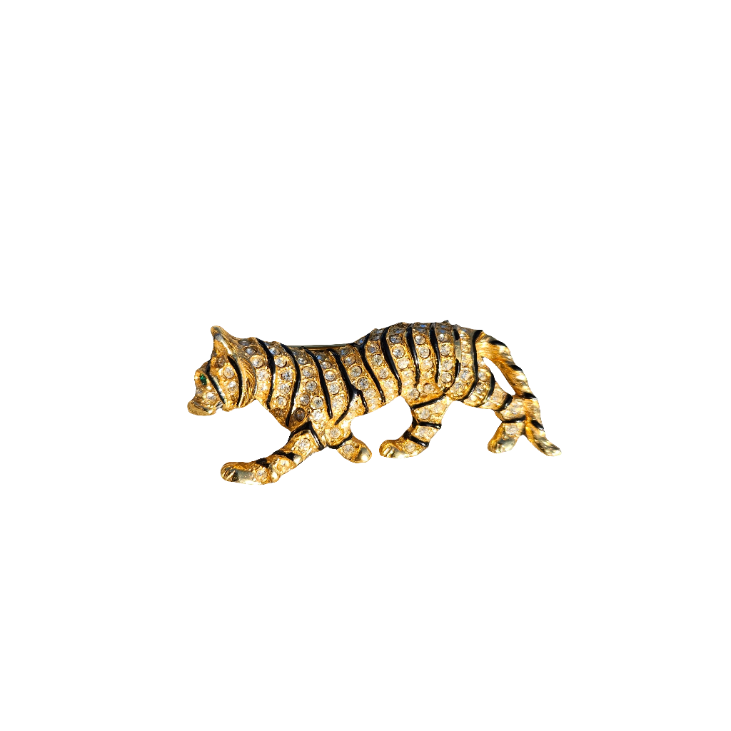 Gold Tiger Brooch Diamante Enamel 90s Glam Rhinestone Crystal Jewellery Vintage