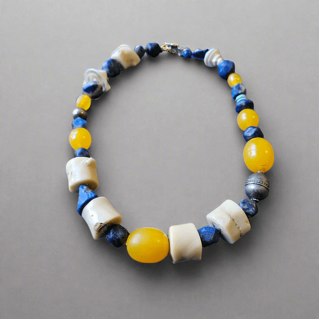 Carved Lapis Lazuli Bone Turquoise Necklace Ethnic 19th Century