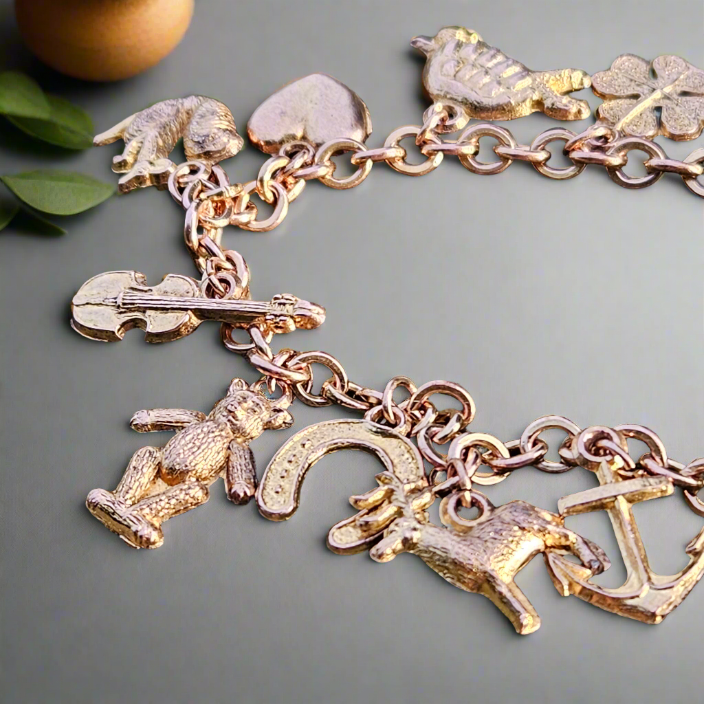 Cute Antique Copper Charm Bracelet 19cm Vintage Jewellery