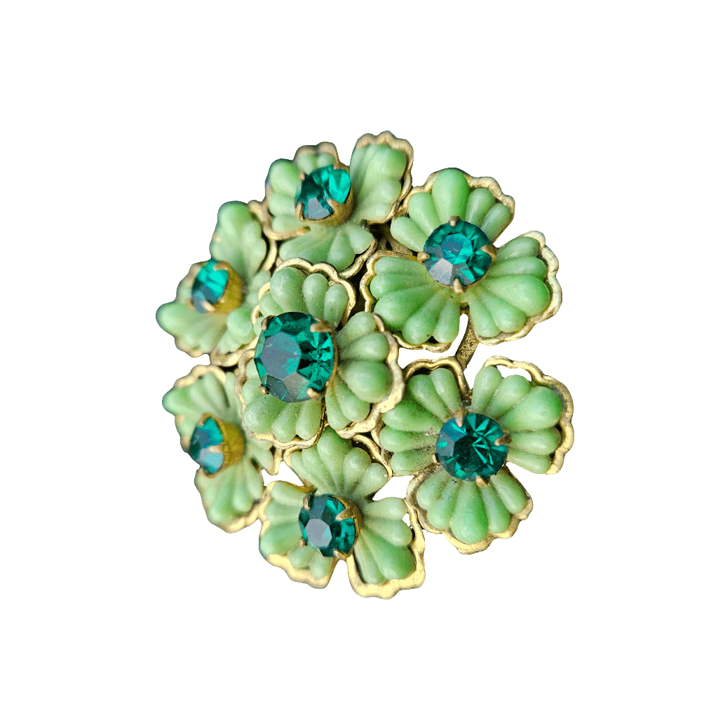 Antique Brooch Pastel Flowers Emerald Green Rhinestone Vintage Pin Jewellery Brass