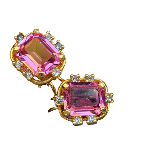 Quality Pink Gem Crystals High Fashion Earrings Gold Clip On Vintage Jewellery Sparkly