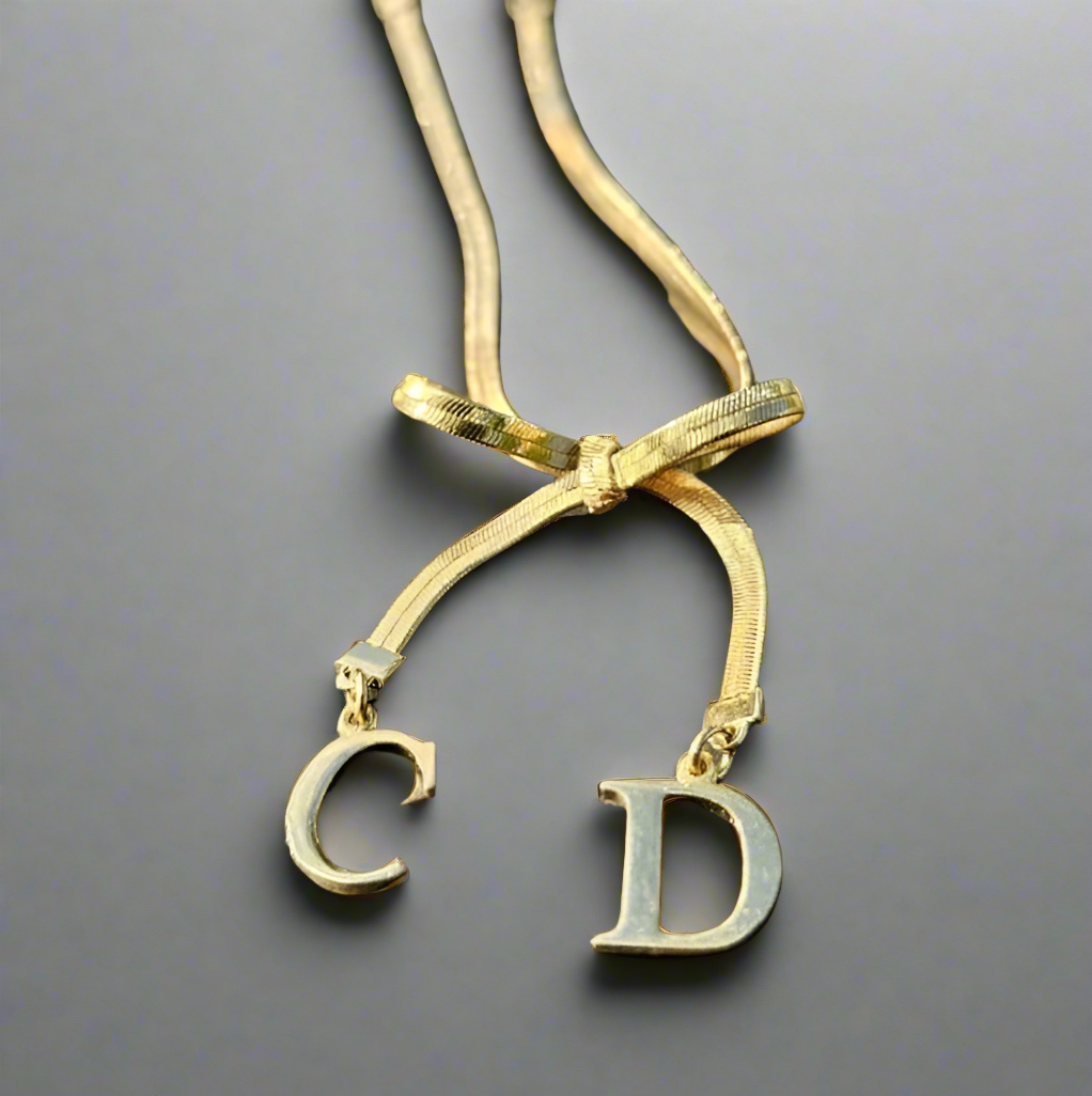 Christian Dior Vintage Gold Ribbon Bow Necklace Choker Jewellery