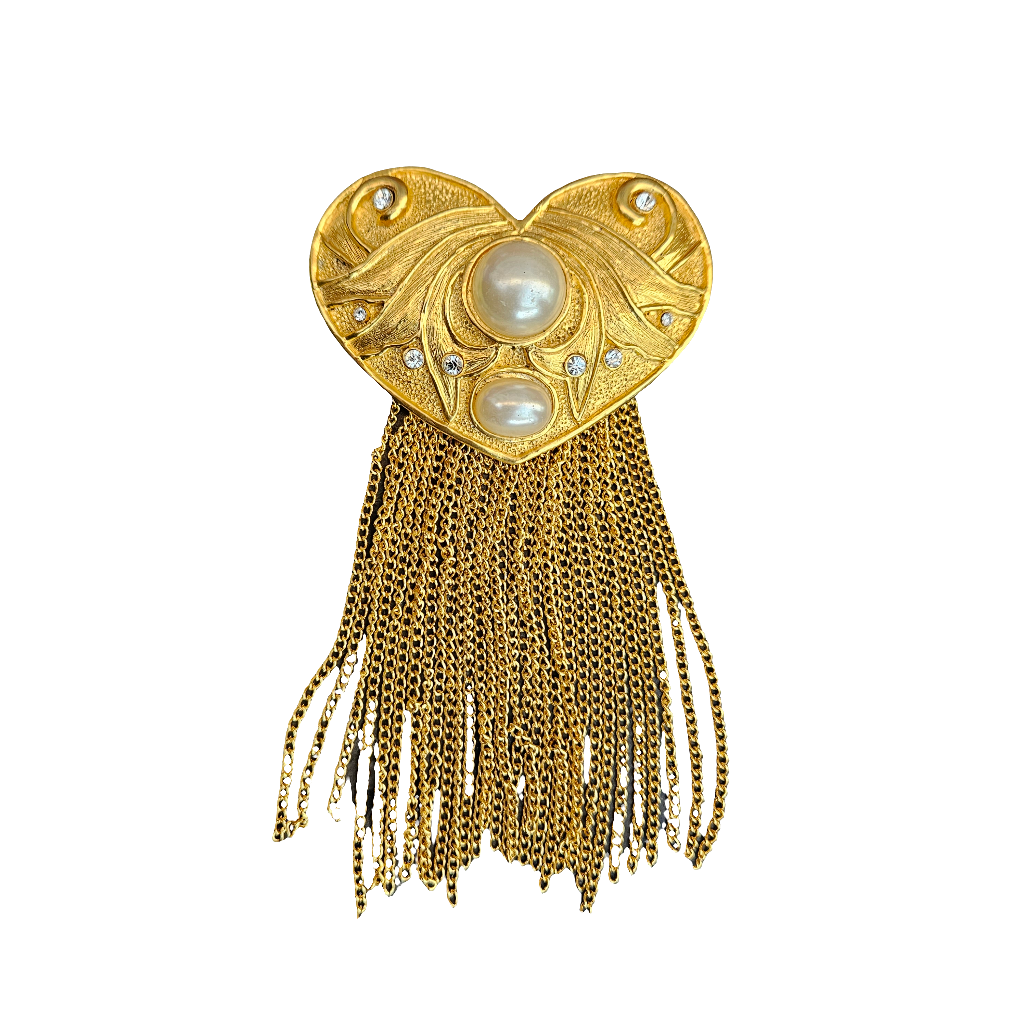 Large Heart Brooch Pearl Crystal Tassels 80s Designer Jewelry