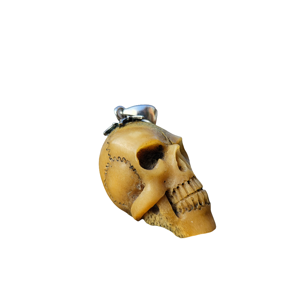 Large Carved Bone Skull Pendant For Necklace 925 Antique Memento Mori Jewellery