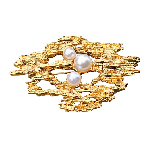 Gold Plated Vintage Pearl Brooch Mcm Brutalist Bridal Jewellery