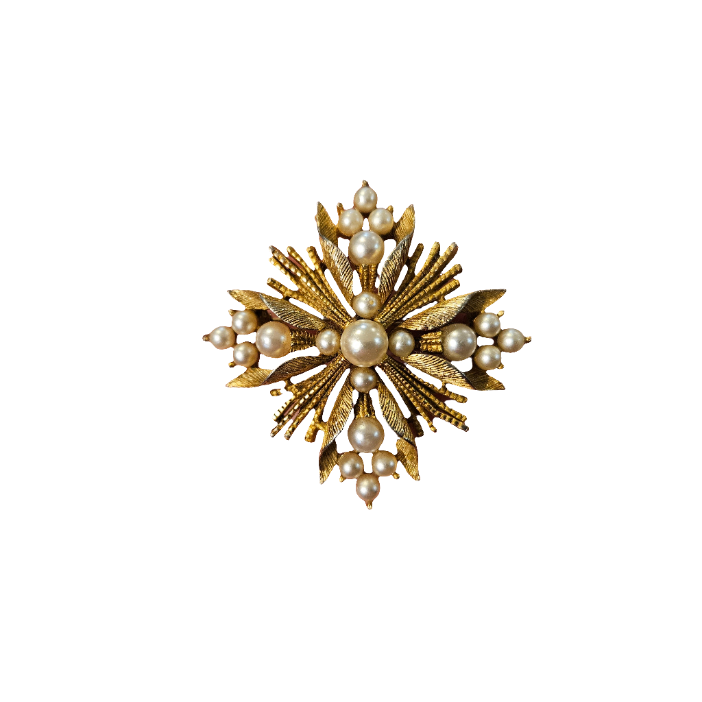 Lisner Brooch Matte Gold Tone Pearl Starburst Pin Vintage Jewellery Jewelry