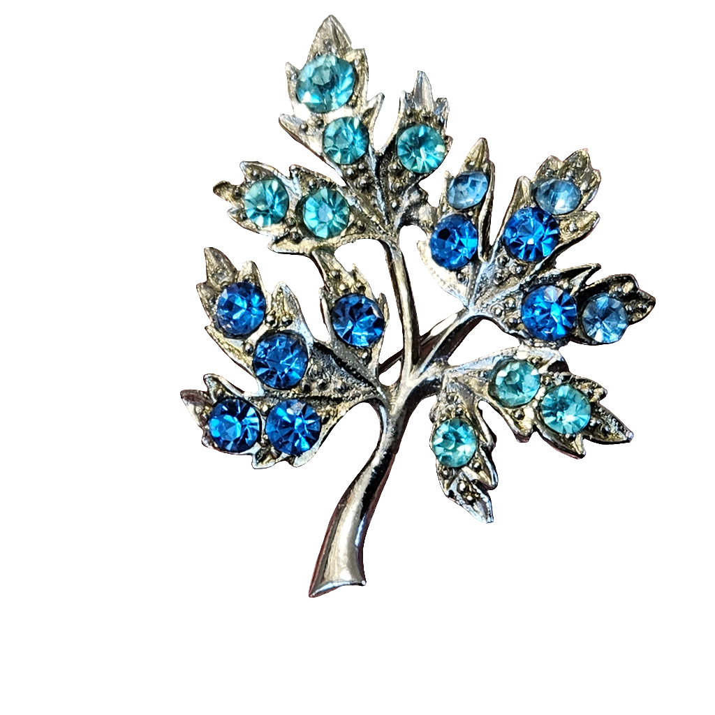 Rhinestone Brooch Blue Leaf Shiny 60s Vintage Pin Jewellery Jewelry