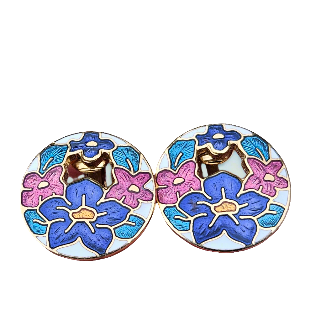 Enamel Clip On Earrings Flowers Cloisonne 80s Fish And Crown Brand NEW