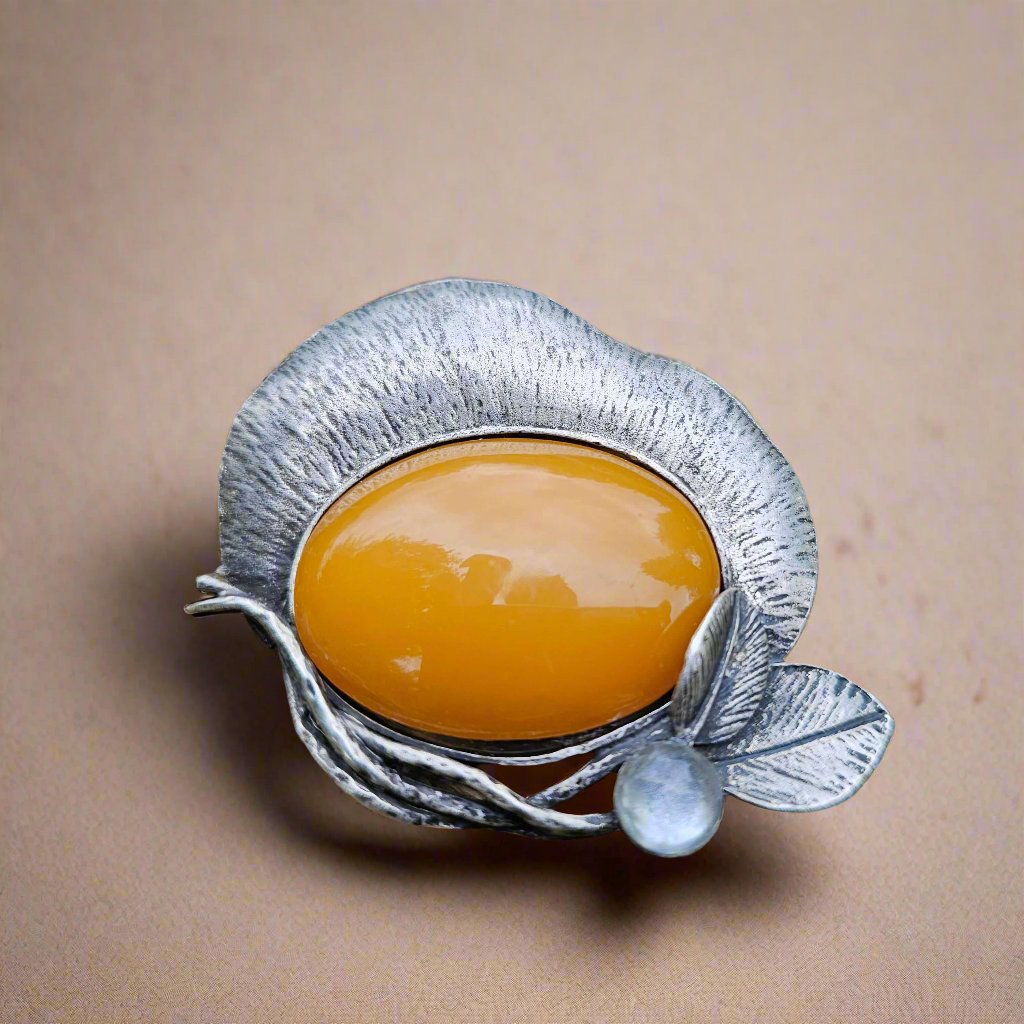 Vintage Amber Colour Silver Tone Brooch Arts And Crafts