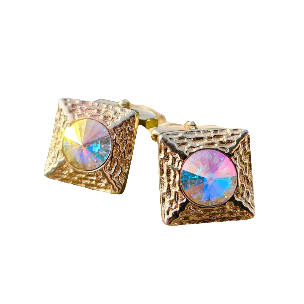 Jazzy Pink Blue Iridescent Glass Cufflinks Gold Vintage Retro Gifts For Men Accessories