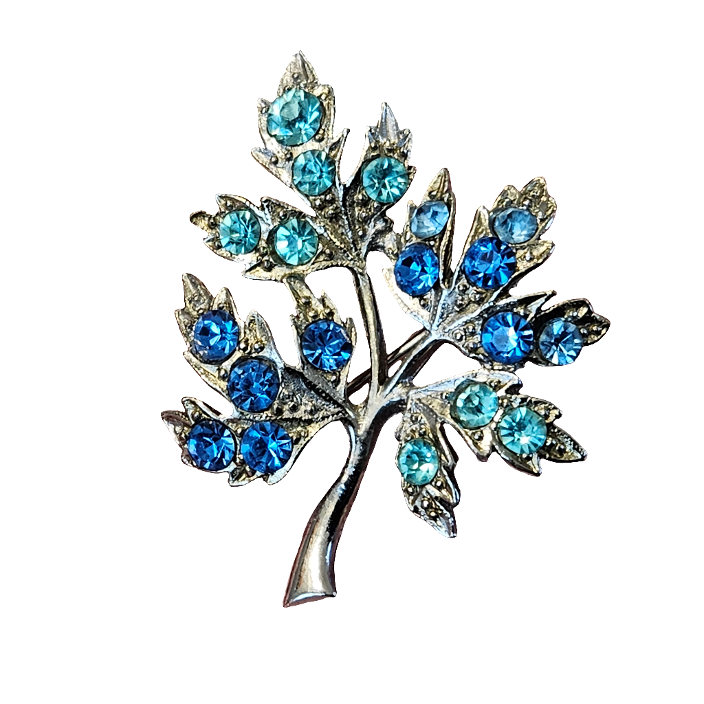 Rhinestone Brooch Blue Leaf Shiny 60s Vintage Pin Jewellery Jewelry