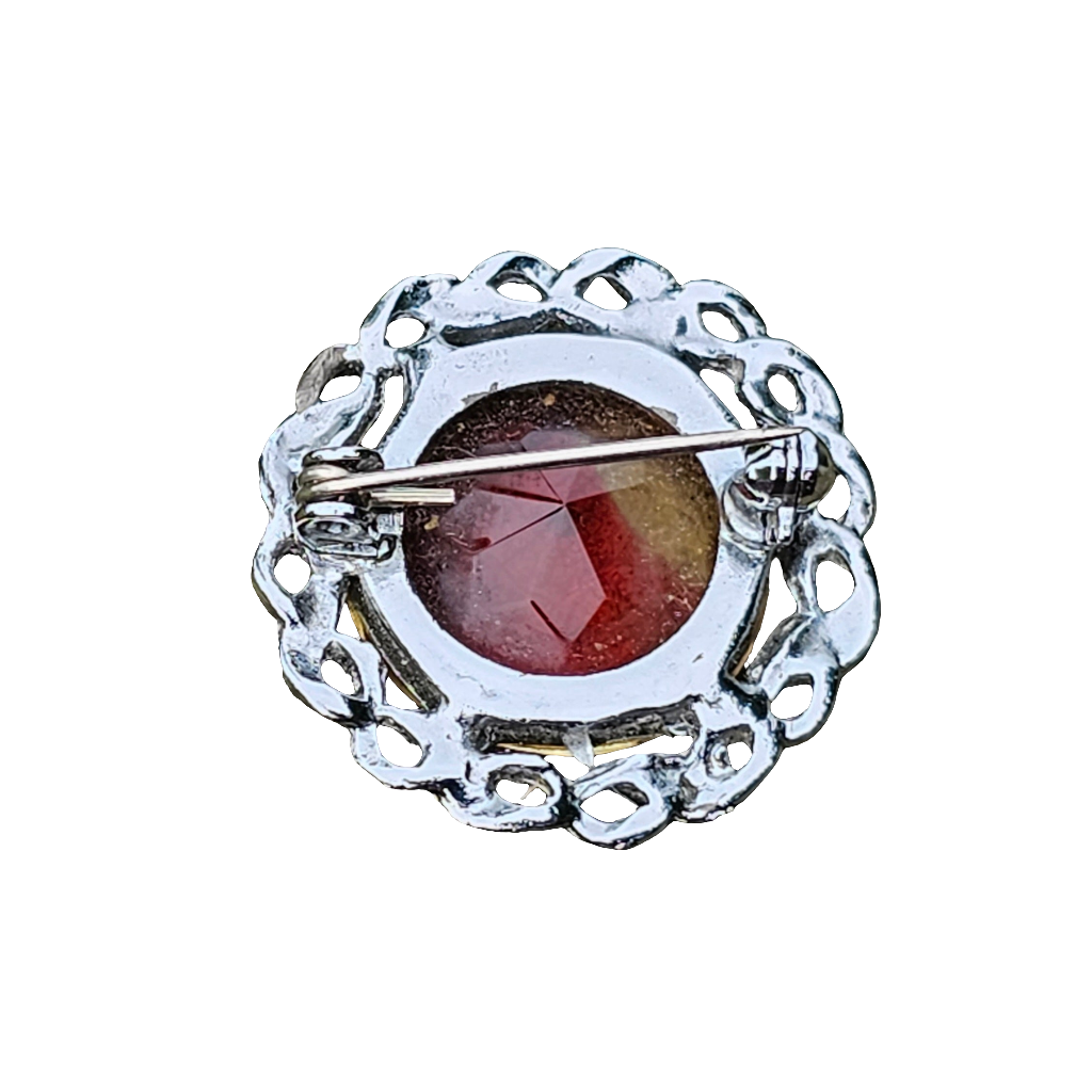 Celtic Style Vintage Glass Cabouchon Silver Tone Brooch