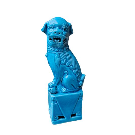 Turquoise Blue Glaze Chinese Foo Dog Ornament Figurine 11.5cm