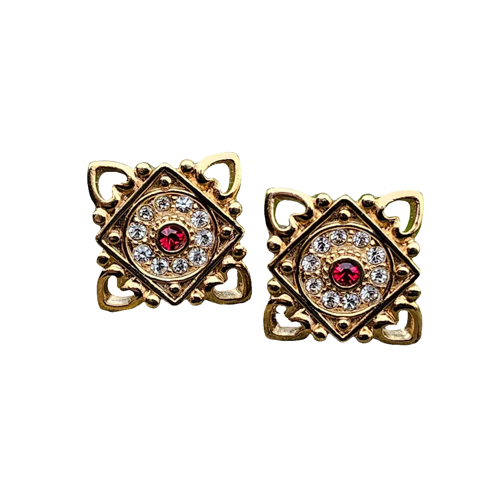 Gold Tone Studs Pierced Ears Vintage Style Earrings Diamante Red Glass