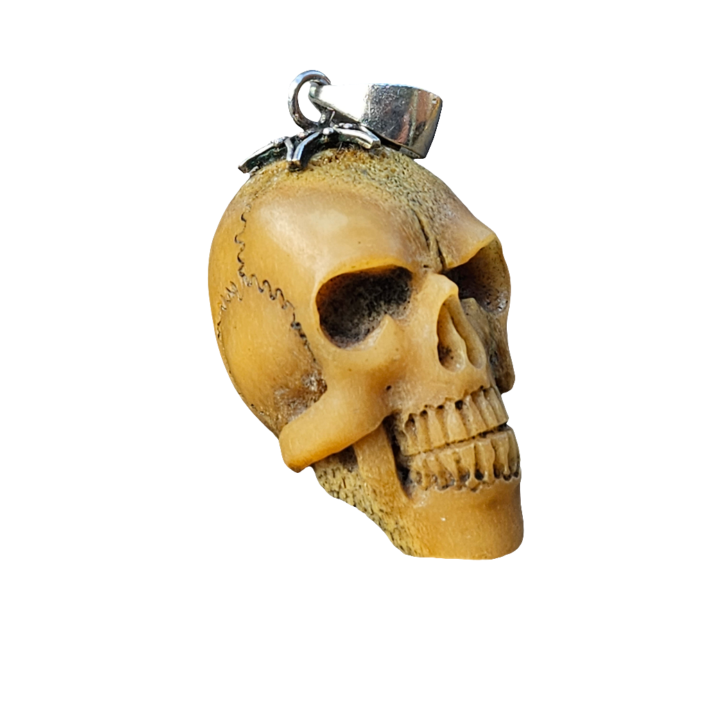 Large Carved Bone Skull Pendant For Necklace 925 Antique Memento Mori Jewellery