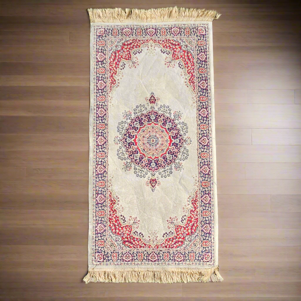 Old Persain Rug Hand Knotted Silk Carpet Cream Traditional Design 5ft