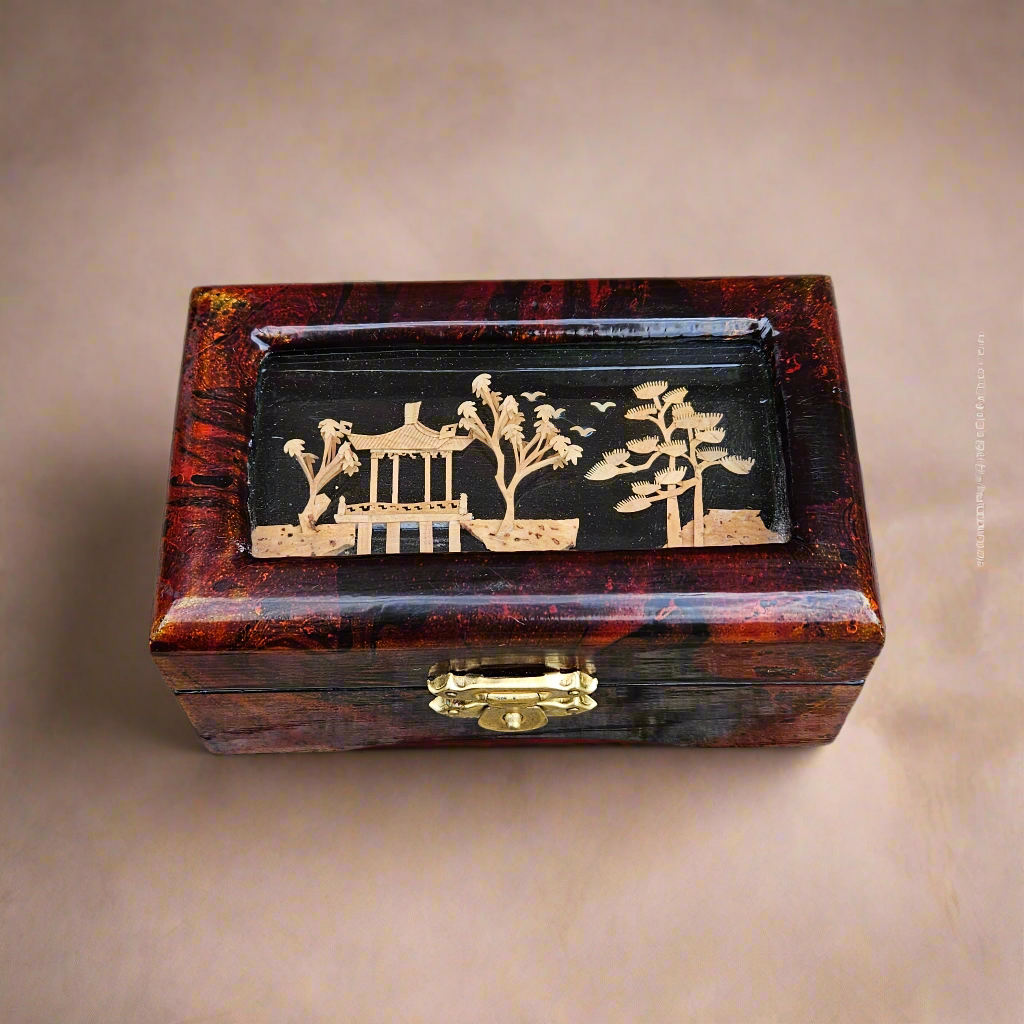 Oriental Lacquer Box Carved Cork Pagoda Scene Great Condition