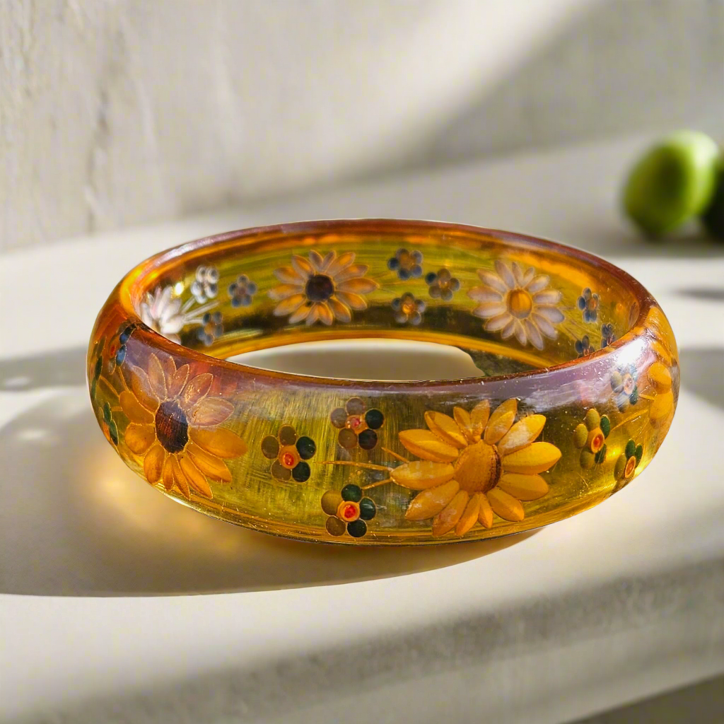 Reverse Carved Bakelite Bangle Vintage Jewellery Flowers