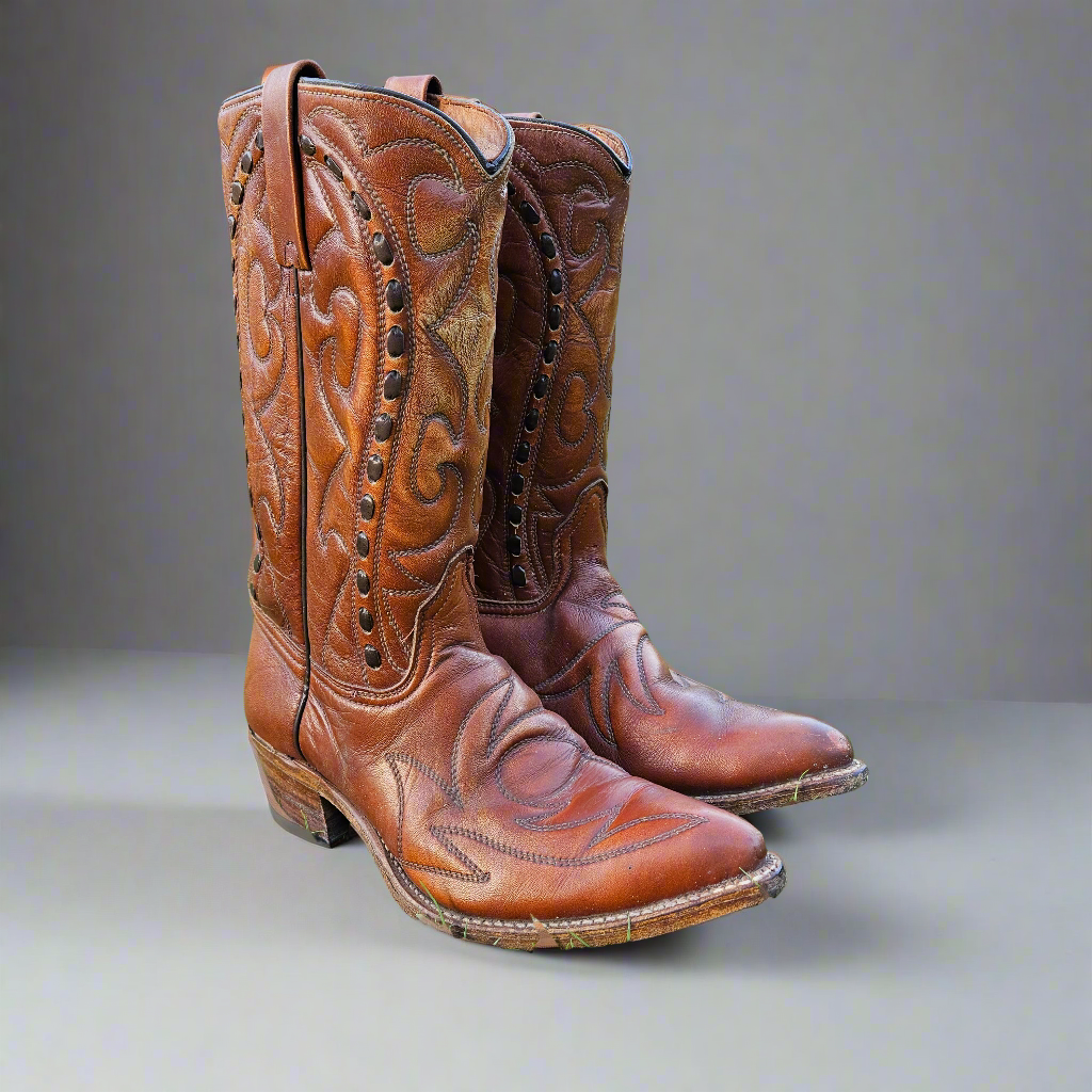 Genuine Cowboy Boots American Vintage Shoes Brown Leather Size 8D