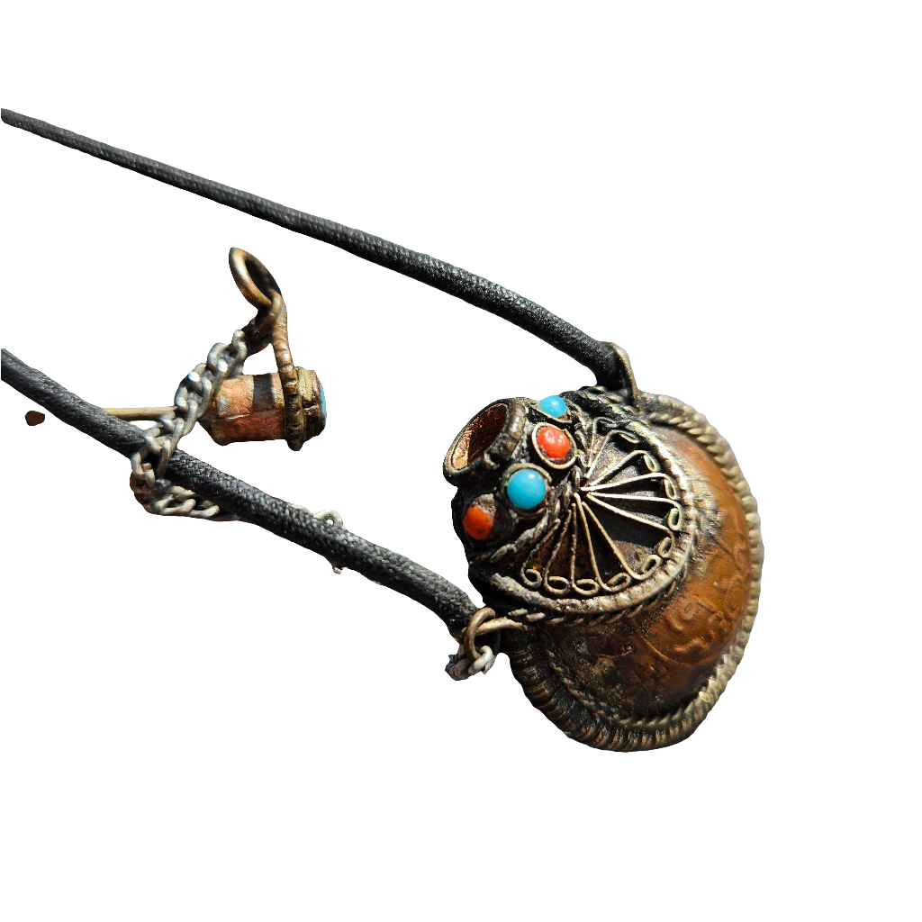 Copper Snuff Bottle Necklace Turquoise And Red Stones Vintage Ethnic Jewellery