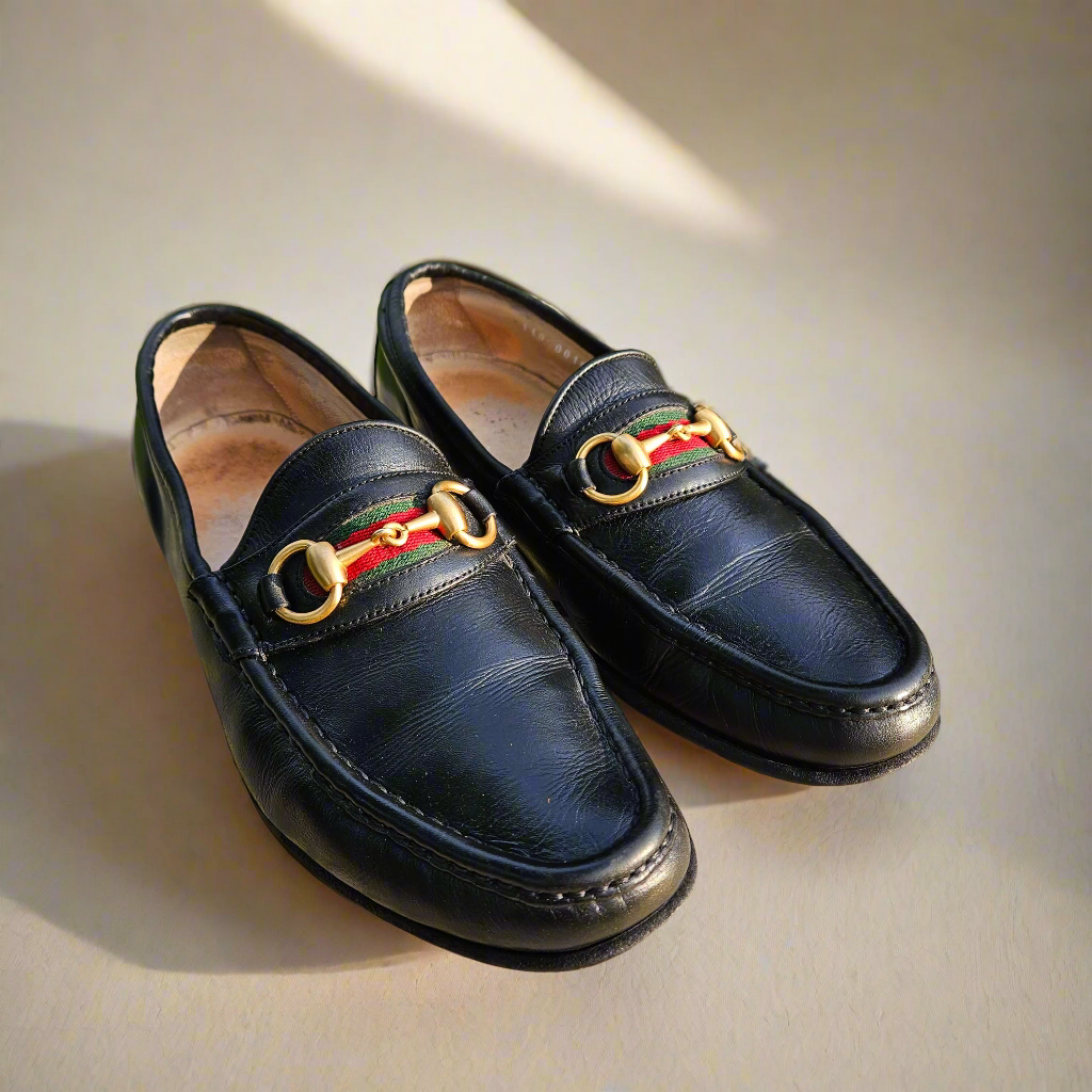 Genuine Gucci Horsebit Loafers Vintage Shoes Black Leather Size 39