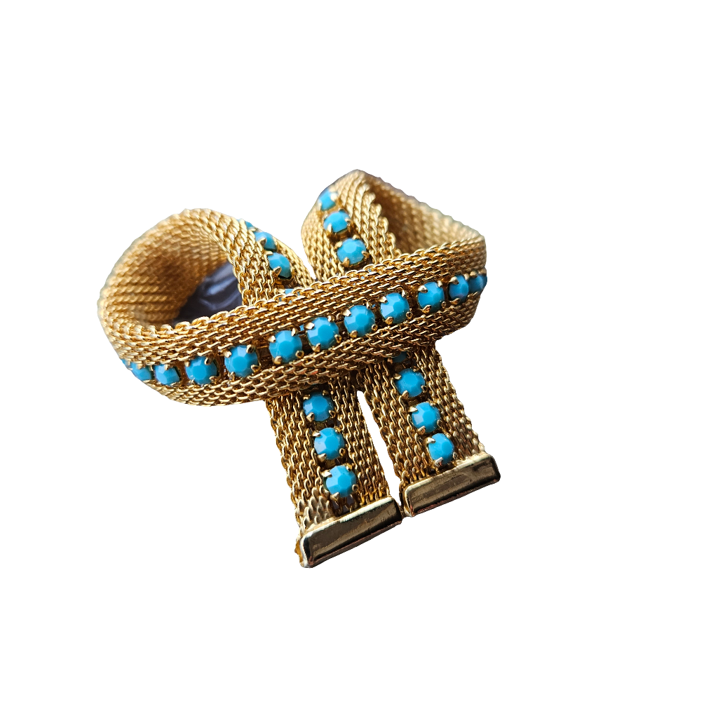 Turquoise Brooch Gold Mesh Bow Designer Jewellery 70s 80s