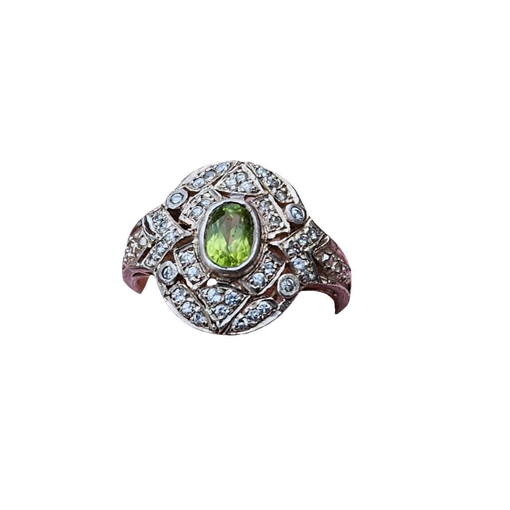 Stunning Vintage Peridot And Crystal Cocktail Ring Sterling Silver Size R