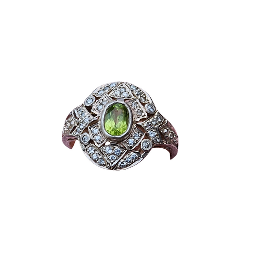 Stunning Vintage Peridot And Crystal Cocktail Ring Sterling Silver Size R