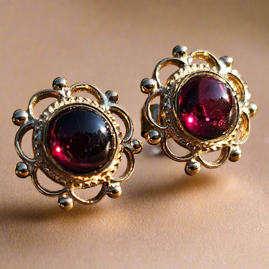 Antique 9ct Gold Garnet Studs Pierced Ears Vintage Earrings