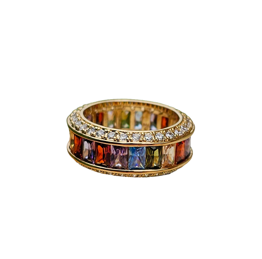 Crystal Multi Colour Baguette Cut Gold Tone Eternity Ring Jewellery Rainbow