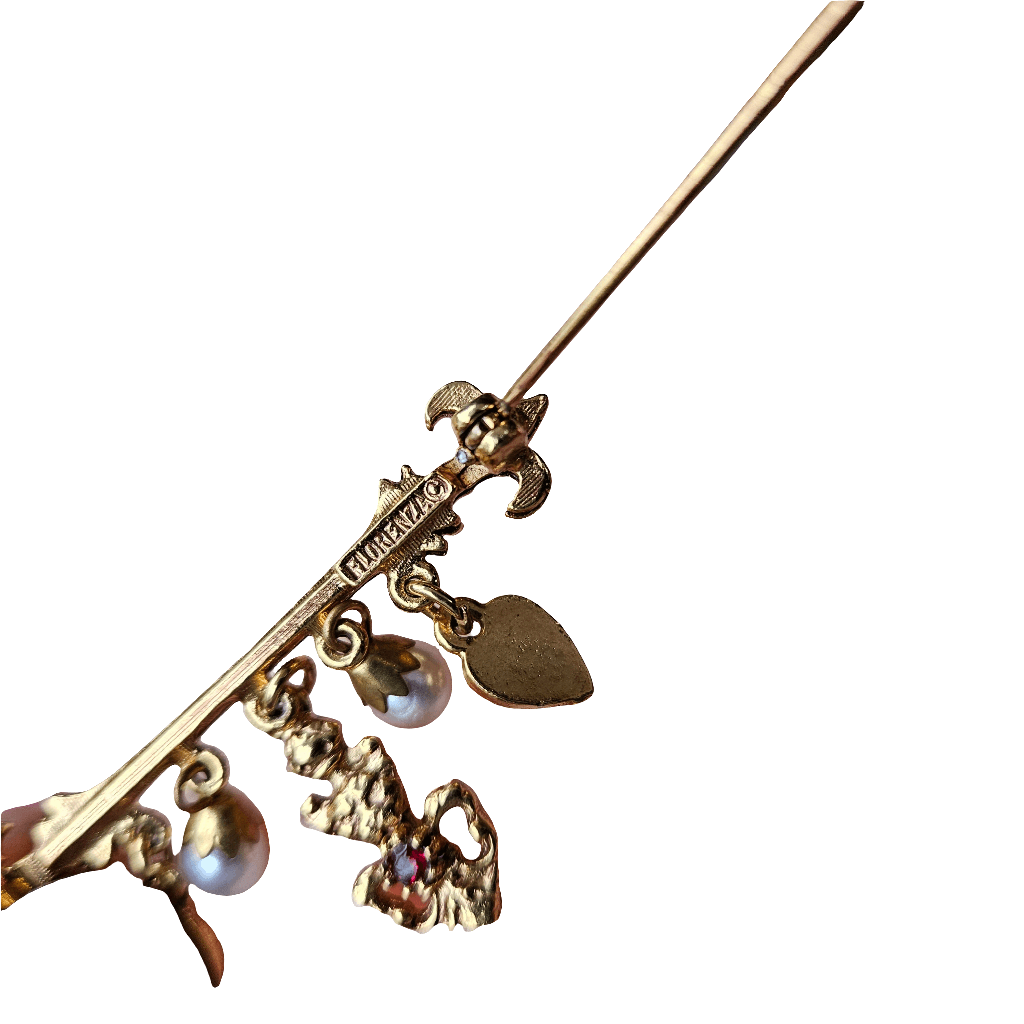 Vintage Florenza Charm Bar Brooch Gold Pearl Red Jewellery Jewelry
