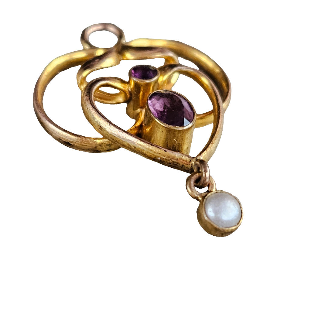 Art Nouveau Pendant Gold Plated Amethyst And Pearl Drop