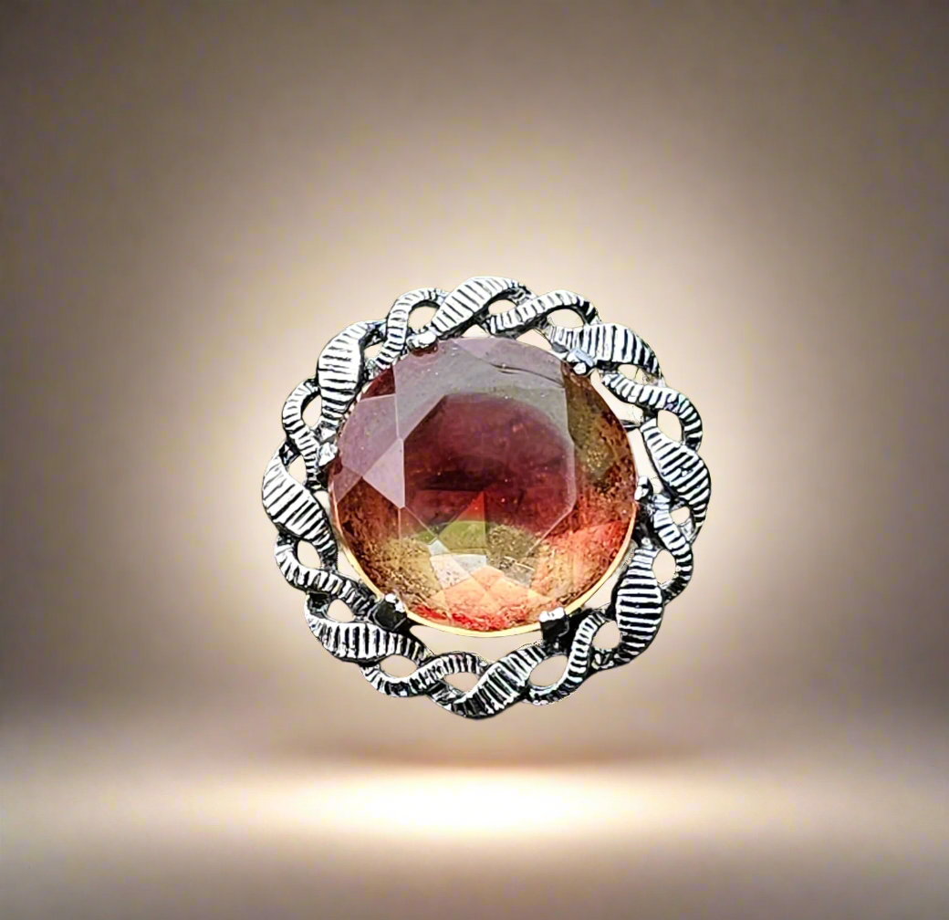 Celtic Style Vintage Glass Cabouchon Silver Tone Brooch