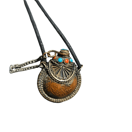 Copper Snuff Bottle Necklace Turquoise And Red Stones Vintage Ethnic Jewellery
