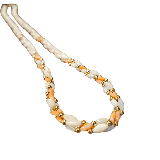 Beautiful Mother Of Pearl And Peachy Coral Gold Beaded Necklace Jewellery