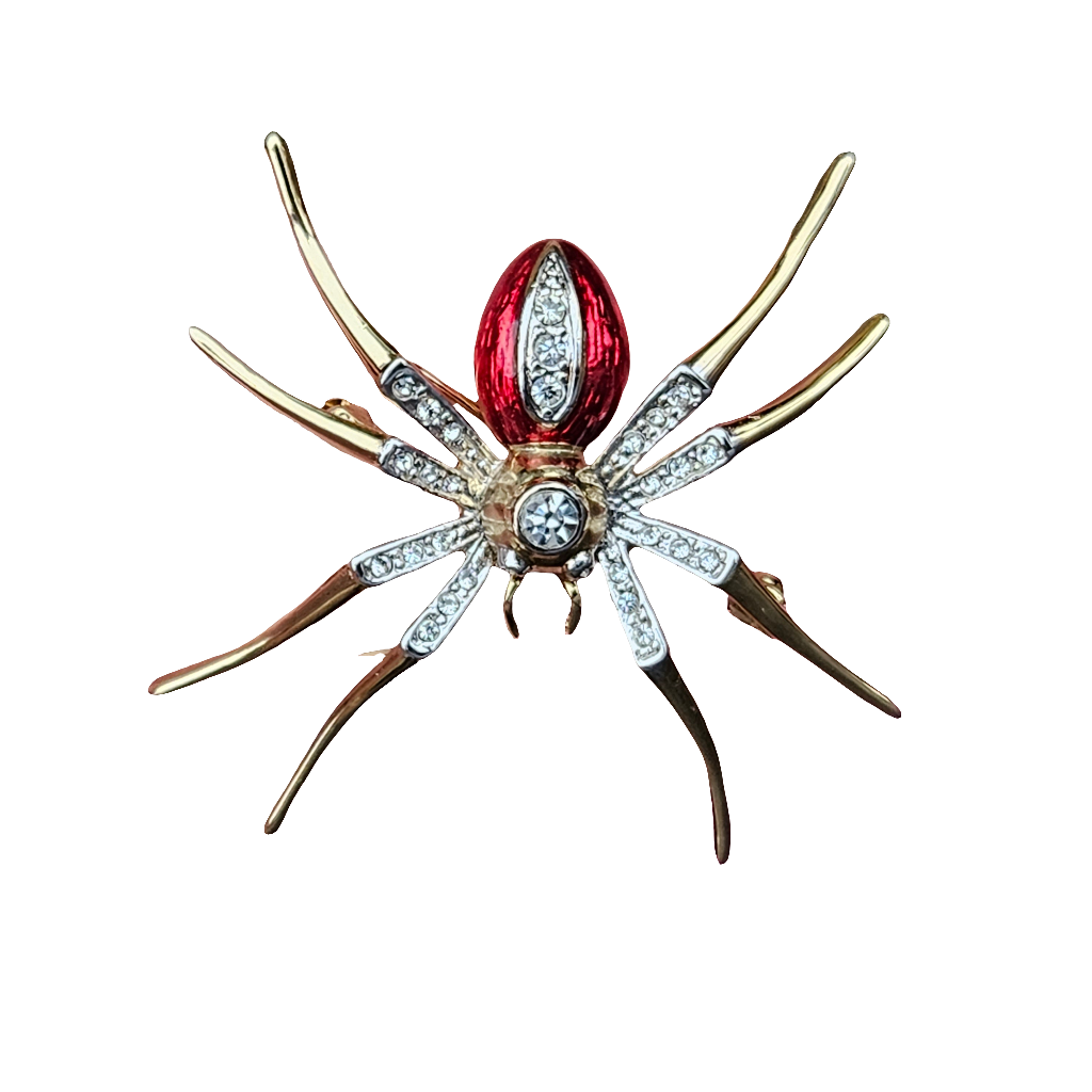 Vintage Enamel Spider Brooch Red Gold Pin Insect Jewellery Crystal