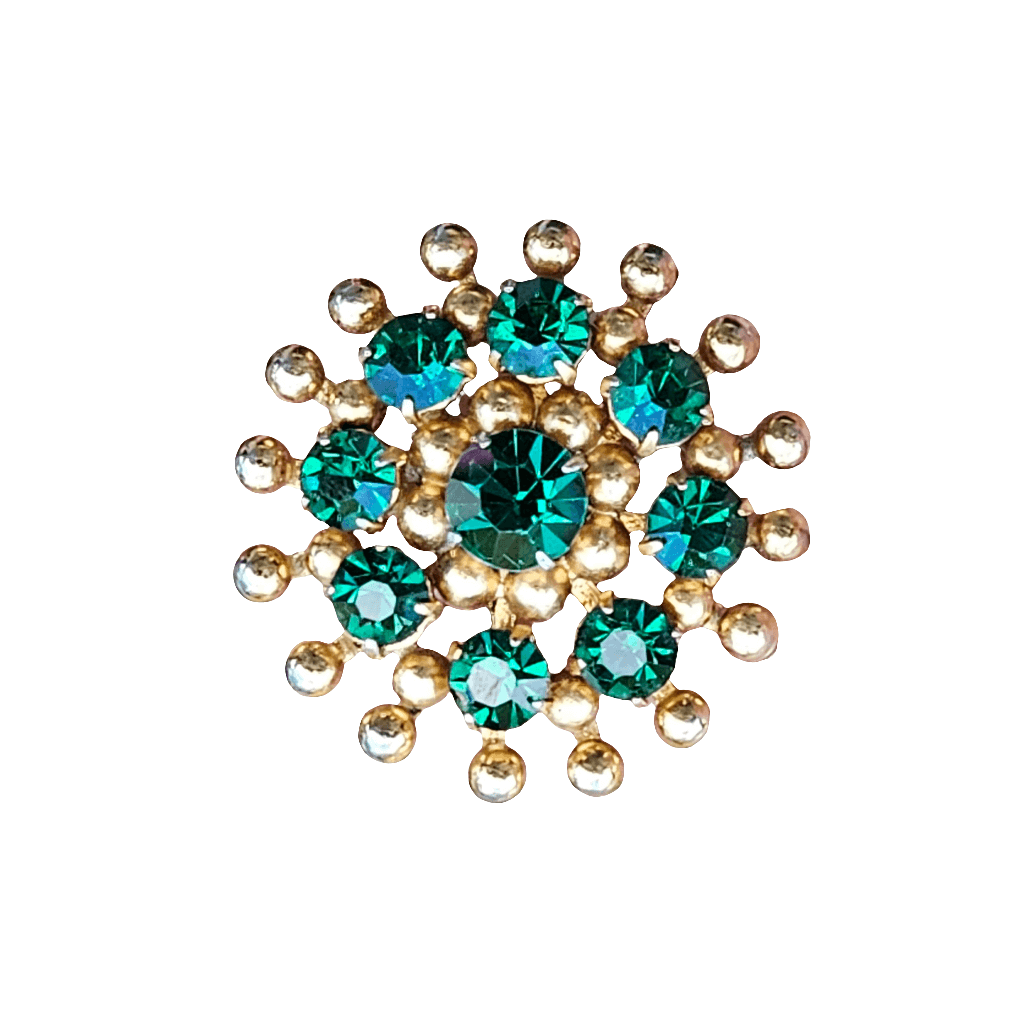 Emerald Green Rhinestone Brooch 1950s Glam Gold Tone Vintage