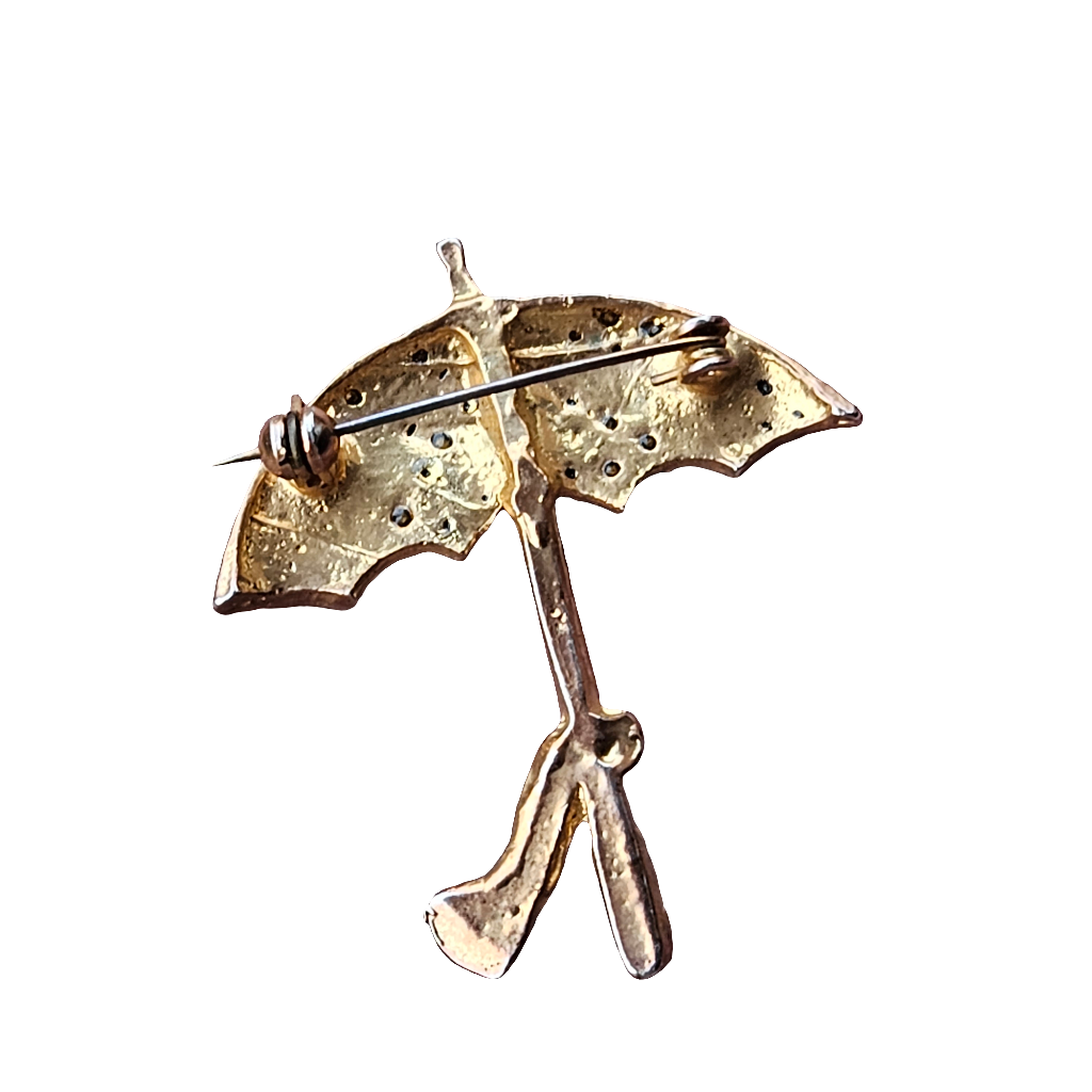 Vintage Umbrella Brooch Baguette Cut Crystal Pin Red Gold