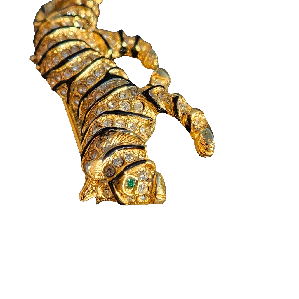 Gold Tiger Brooch Diamante Enamel 90s Glam Rhinestone Crystal Jewellery Vintage