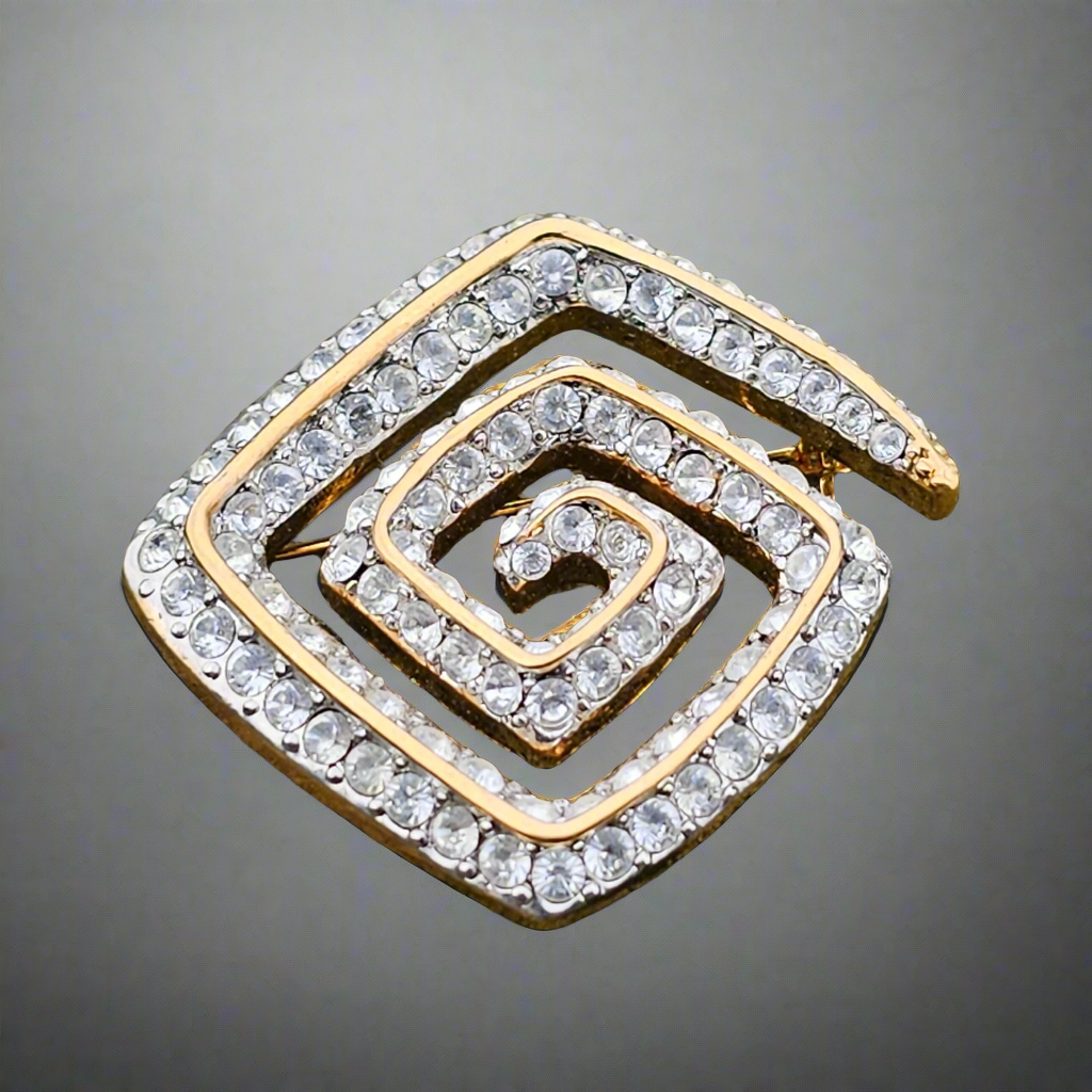 Diamante Spiral Brooch Gold Tone Vintage Crystal Jewellery